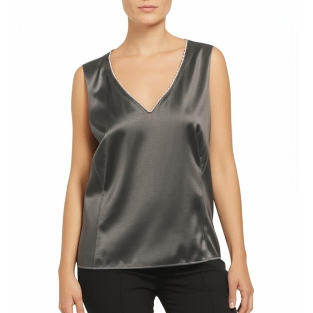 Liz Claiborne Blouse Size 8 Gray Sleeveless V Neck Beaded Darted Modern Chic‎
